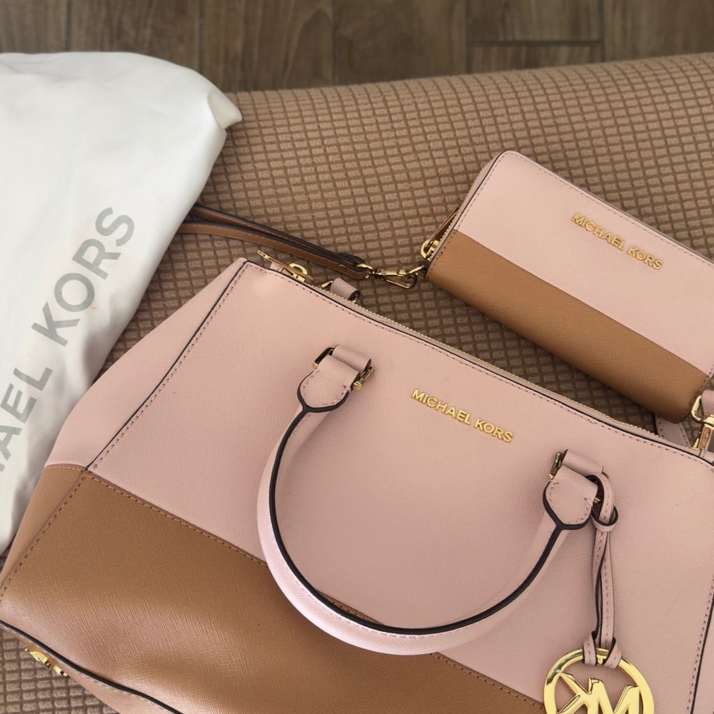 Michael Kors Two-Tone Pink & Tan Leather Satchel with Wristlet & Purse